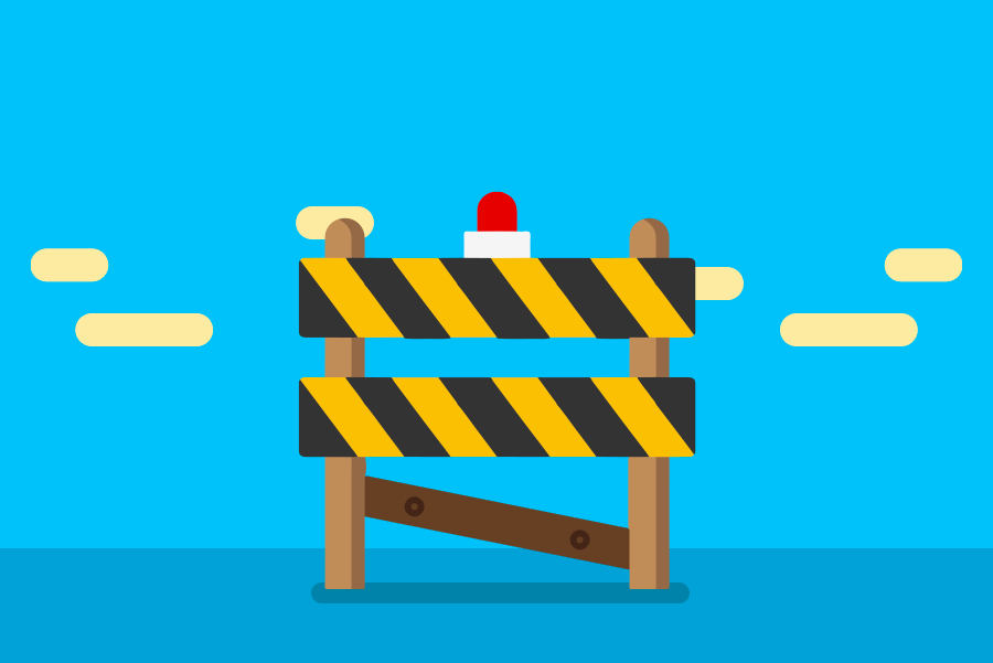 Blue background. Illustration of a wooden roadblock warning sign with a siren on top of it. On the back, illustration of a few clouds.