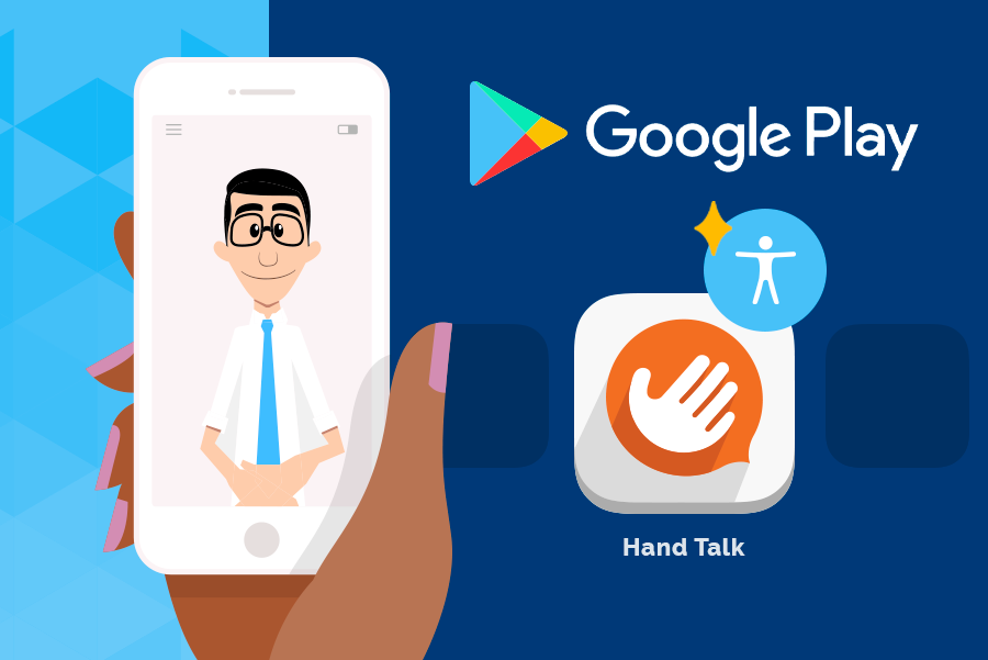 Blue background. On the left, the illustration of a hand holding a white smartphone with Hugo on the screen. On the right, the Google Play logo with the Hand Talk App icon.