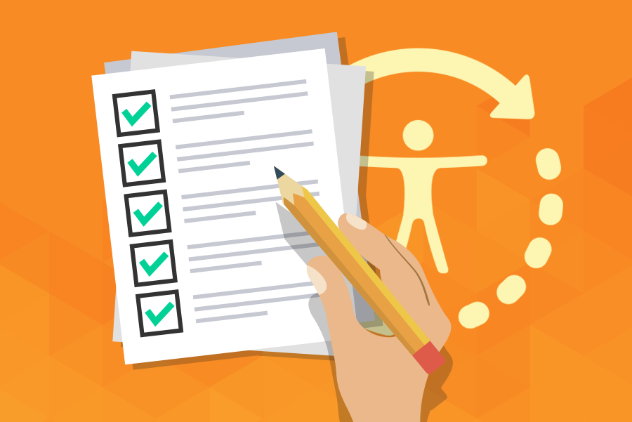 Orange background. Illustration of a paper sheet with a checklist and a hand with a pencil on top of it. On the right, the accessibility symbol.
