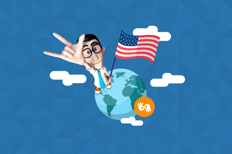 Blue background. In the center, the illustration of the World Globe with Hugo on the top of it signing "I love you" in ASL and the American flag next to him.
