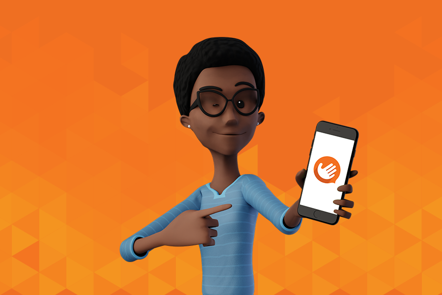 Orange background. In the center, Maya holding a smartphone with the Hand Talk logo.