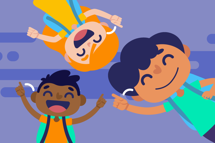 Purple background. Illustration of three different kids smiling and waving at the screen, with their backpacks on.