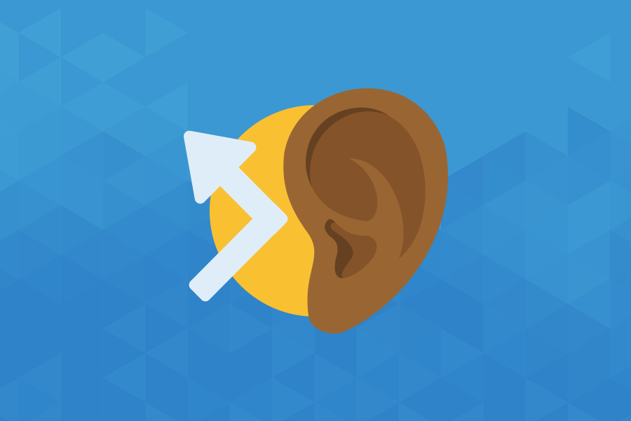 Blue background. On the center, the illustration of an ear, over a yellow circle. On the left, a white arrow pointing towards the ear and bouncing back on the opposite direction.