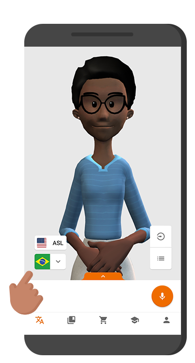 Illustration of a gray smartphone with the screen of the translation page on the Hand Talk App. Maya is in the center, and there is an illustrated hand pointing towards the brazilian flag. On top of it, there is the flag of the USA, and the acronym ASL next to it.