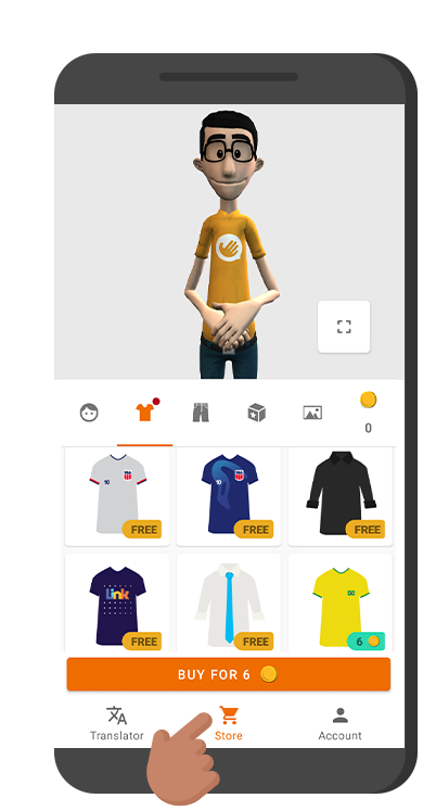 Illustration of a gray smartphone with the screen of the store page on the Hand Talk App. Hugo is in the center wearing a yellow shirt with the Hand Talk logo on it. Below him, there are other clothes' options and there is an illustrated hand pointing towards the store icon with an orange shopping cart.