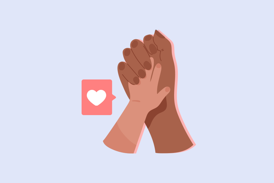 Gray background. On the center, an illustration of a big hand with dark skin, and a small hand with light skin. On the left, a heart.