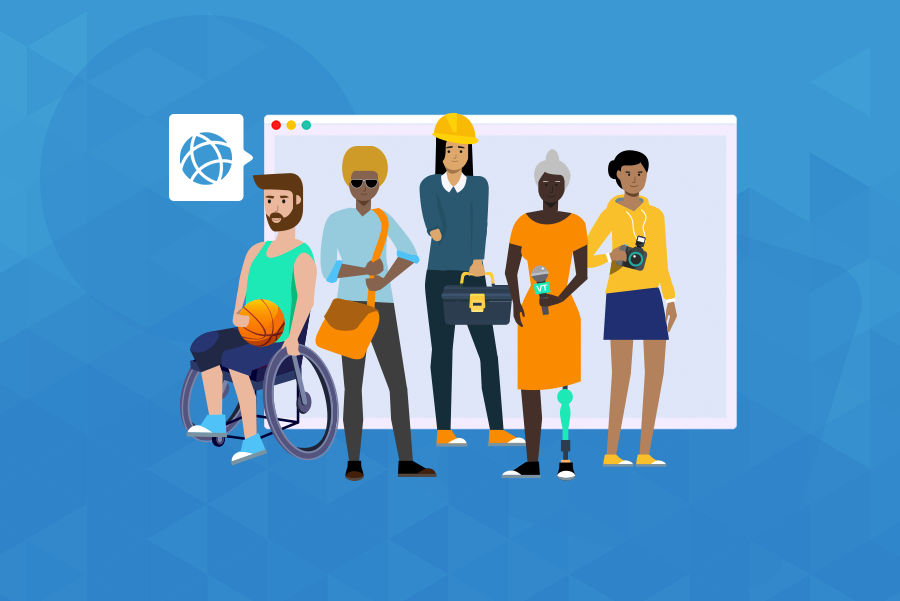 Blue background. Illustration of five people representing different disabilites: a man in a wheelchair, a woman with a prosthethic leg and so on. Behind them, a website page screen in gray, with the internet symbol beside it.