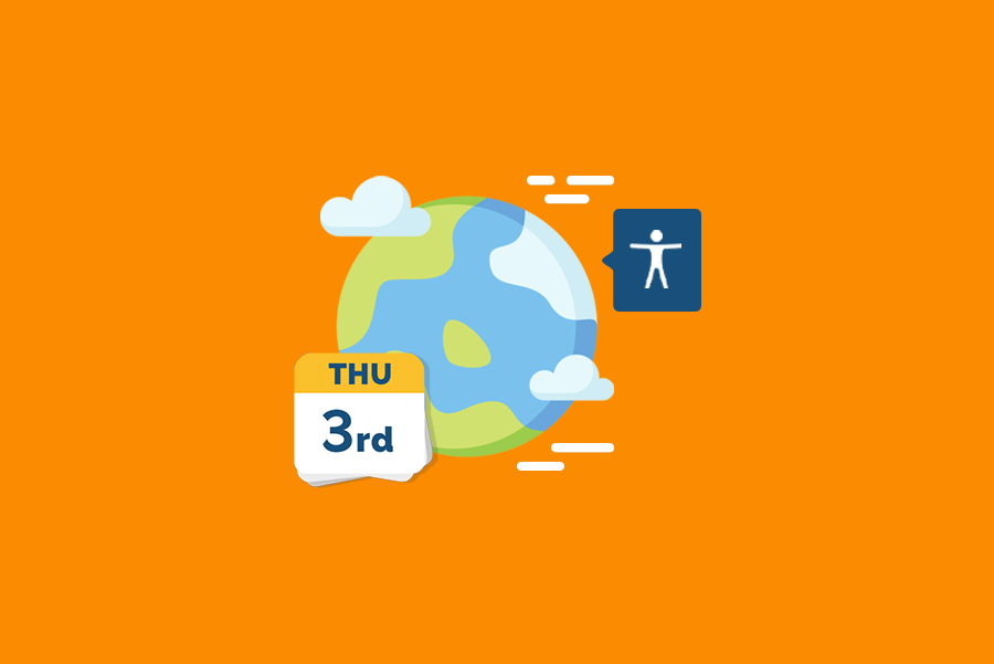 Orange blackground. On the center, an illustration of the world with some clouds around it. On its right side, the accessibility icon. On the left, a white calendar set on the third Thursday of the month.