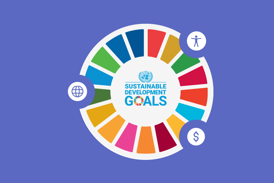 Cover of blog post SDGs and digital accessibility. Purple background. On the center, a colorful circle with the text "Sustainable Development Goals". Around it, the symbols of money, accessibility and the world.