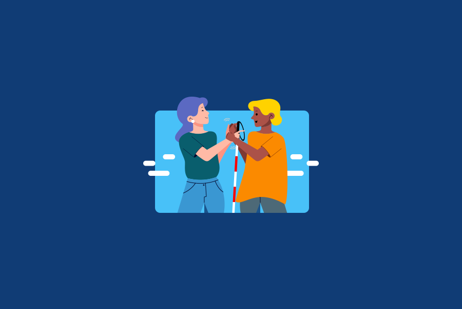 Illustration of two people communicating in tactile ASL, and smiling. The person on the left is holding a cane.