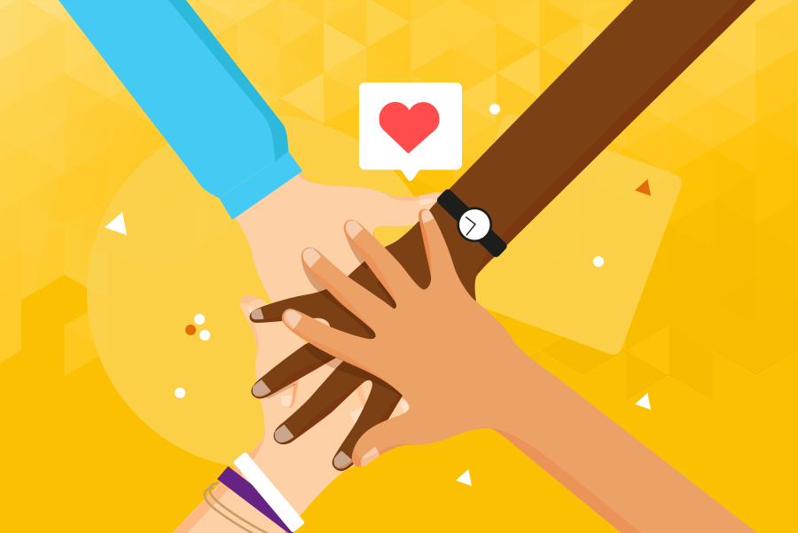 social inclusion. Yellow background. On the center, 4 diverse hands together.