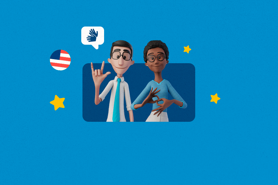 Blue background. In the center, Hugo and Maya sign in ASL. On the left top corner, the American fland and the ASL symbol.