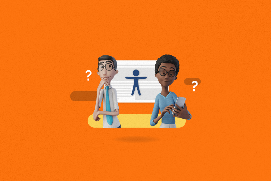 Orange background. At the center, Hugo and Maya with question marks around them. Behind them, an illustration of a web page with the accessibility icon over it.