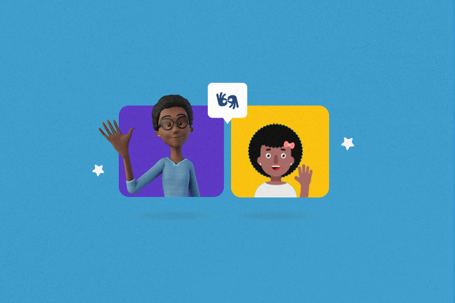 blue background. In the center, an illustration of Maya on the left and an little girl on the right. In the middle of them, the ASL symbol.