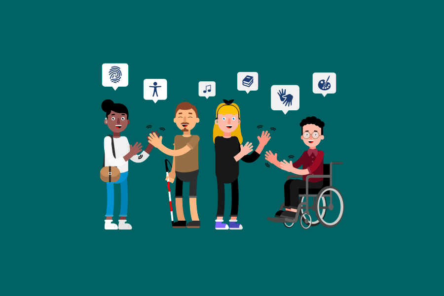 Illustration of some people representing different disabilities and communicating in Sign Languages.