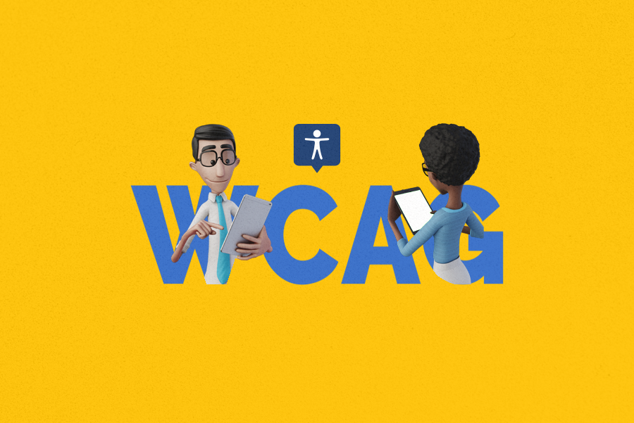 Yellow background. In the center, the initials of web accessibility standards, with the illustration of Hugo and Mya coming out of the letters