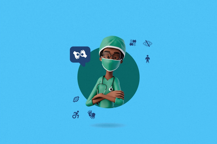 Maya is wearing a nurse uniform and has her arms crossed. Around her there are the accessibility and Sign Languages icons.