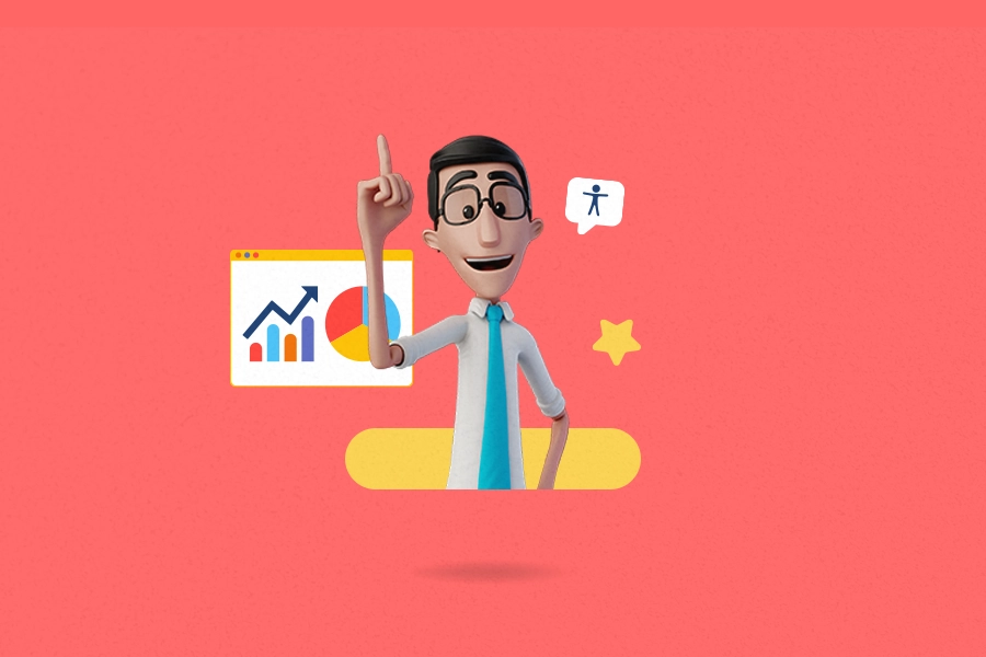 Hugo is at the center smiling and has his right index finger pointed up. Behind him there is the accessibility icon and a positive growth chart.