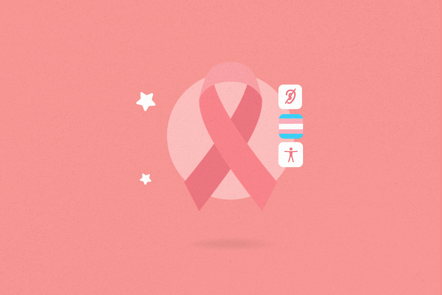 Cover of the article "accessible pink october". There is a pink background. At the center, an illustration of a pink ribbon. Beside it there is the accessibility icon, a transgender flag and the deaf icon.