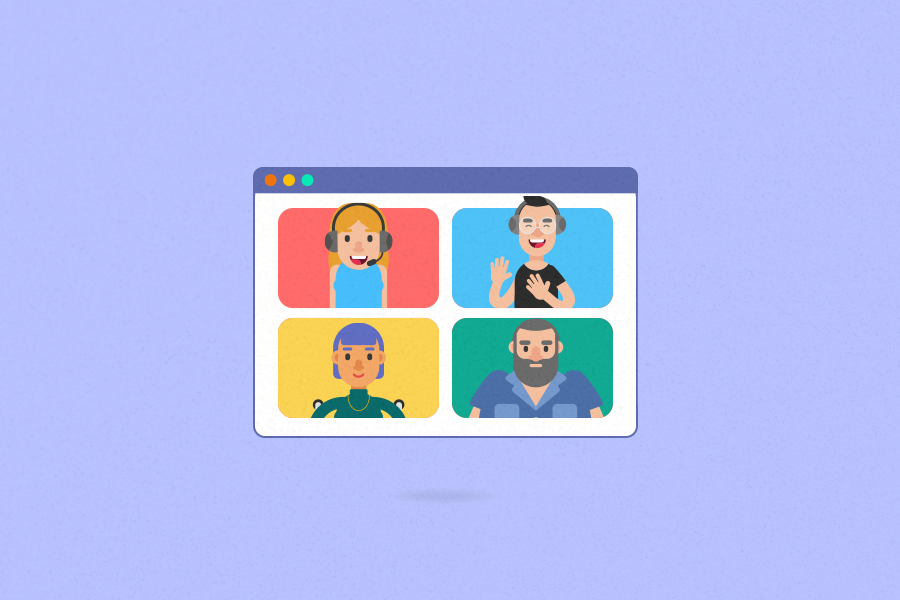 Cover of the article "how to build a digital accessibility team". Lilac background. At the center there is an illustration of a webpage with four different screens on it. Each of them has a person inside of them.