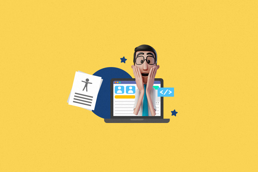 Cover of the article on how to assess website accessibility for free. Yellow background. Hugo has his hands on his face with a surprised expression. Behind him there is the illustration of a computer, and next to him a paper with written lines on it and the accessibility icon.