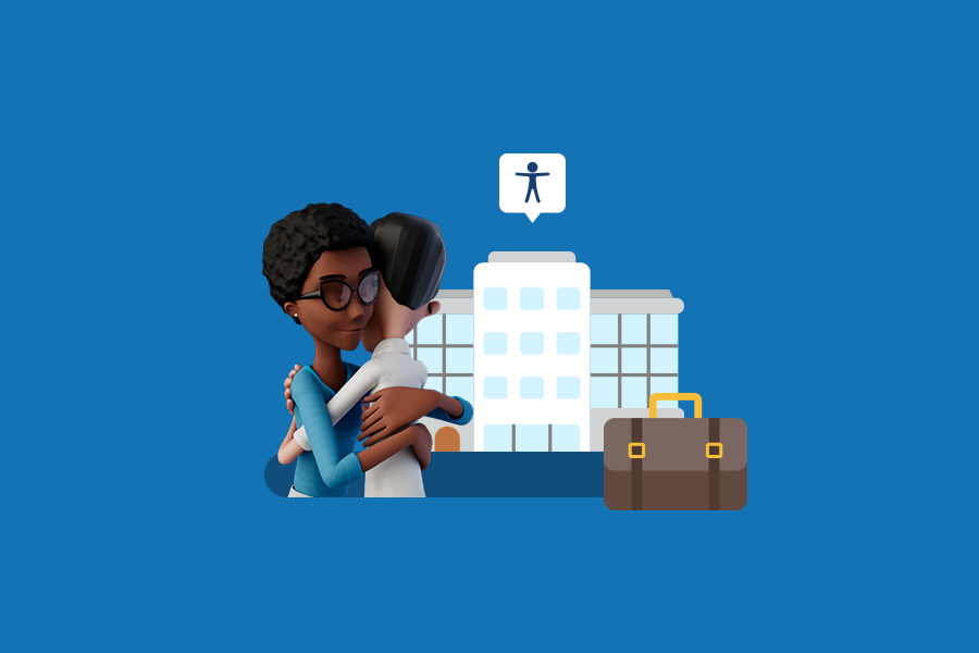 Cover of the article about an inclusive workplace. Blue background. On the left, Hugo and Maya are hugging each other. Beside them, there is an illustration of a building and a briefcase. Above it there is the accessibility icon.