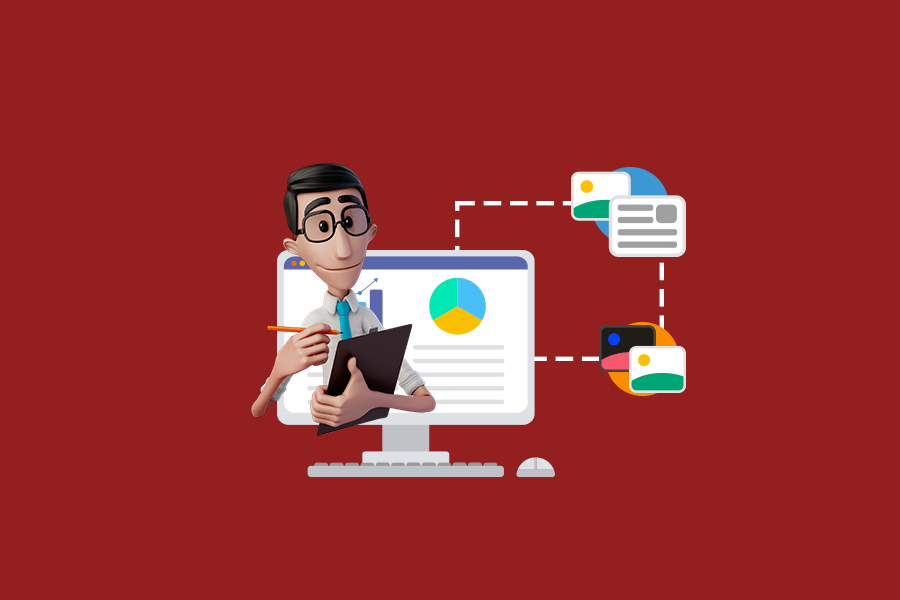 Rectangular horizontal banner with a red background. In the center, there's an illustration of Hugo, the virtual translator from Hand Talk, holding a clipboard and a pencil. Behind him is the illustration of a computer.