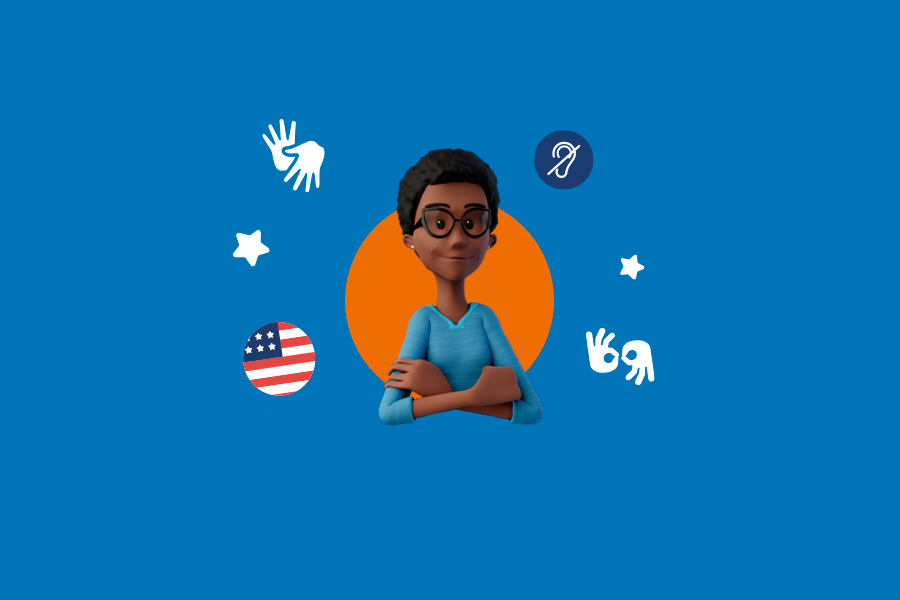 Cover of the article about the National Interpreter Appreciation Day. Blue background. On the center, Maya has her arms crossed and is smiling. Around her, the ASL and Libras icons, alongside the American flag and the deafness icon.