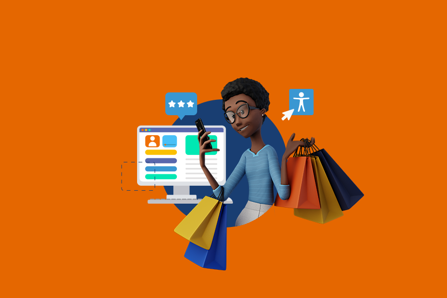 Cover of the article about e-commerce and accessibility. Orange background. Maya is holding several bags on her arms, and is looking at a phone on her right hand. Around her, the illustration of a computer and the accessibility icon.