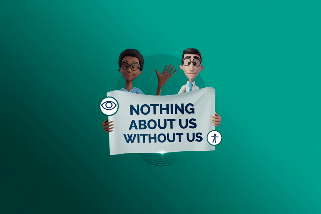 Green background. Hugo and Maya hold a banner that says: "Nothing About Us Without Us."