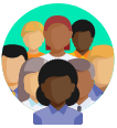 Round illustration with a green background. In it, there are people with different skin and hair colors.