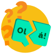 Round illustration with a yellow background. In it, there are some question marks on the left, and a broken dialog balloon in green.