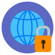 Round illustration with a purple background. In it, there is the world in blue and an orange lock on the bottom right.